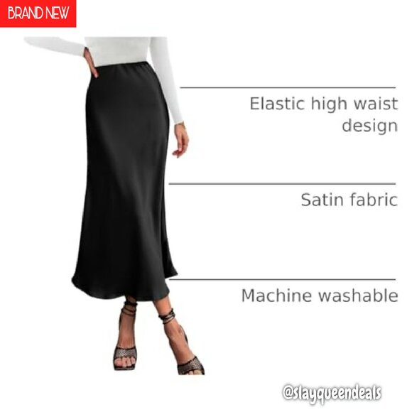 Satin Midi Skirt High Waist Elastic A-Line Cocktail Wedding Party - Picture 5 of 8